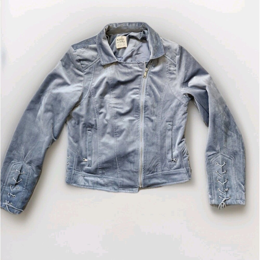Ashley Outerwear Velvet Moto Jacket Side Tie Detail Blueish Gray Sz L EUC
